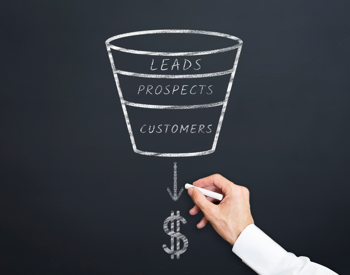 Sales funnel business concept drawn on blackboard with chak. From leads through prospects to customers.